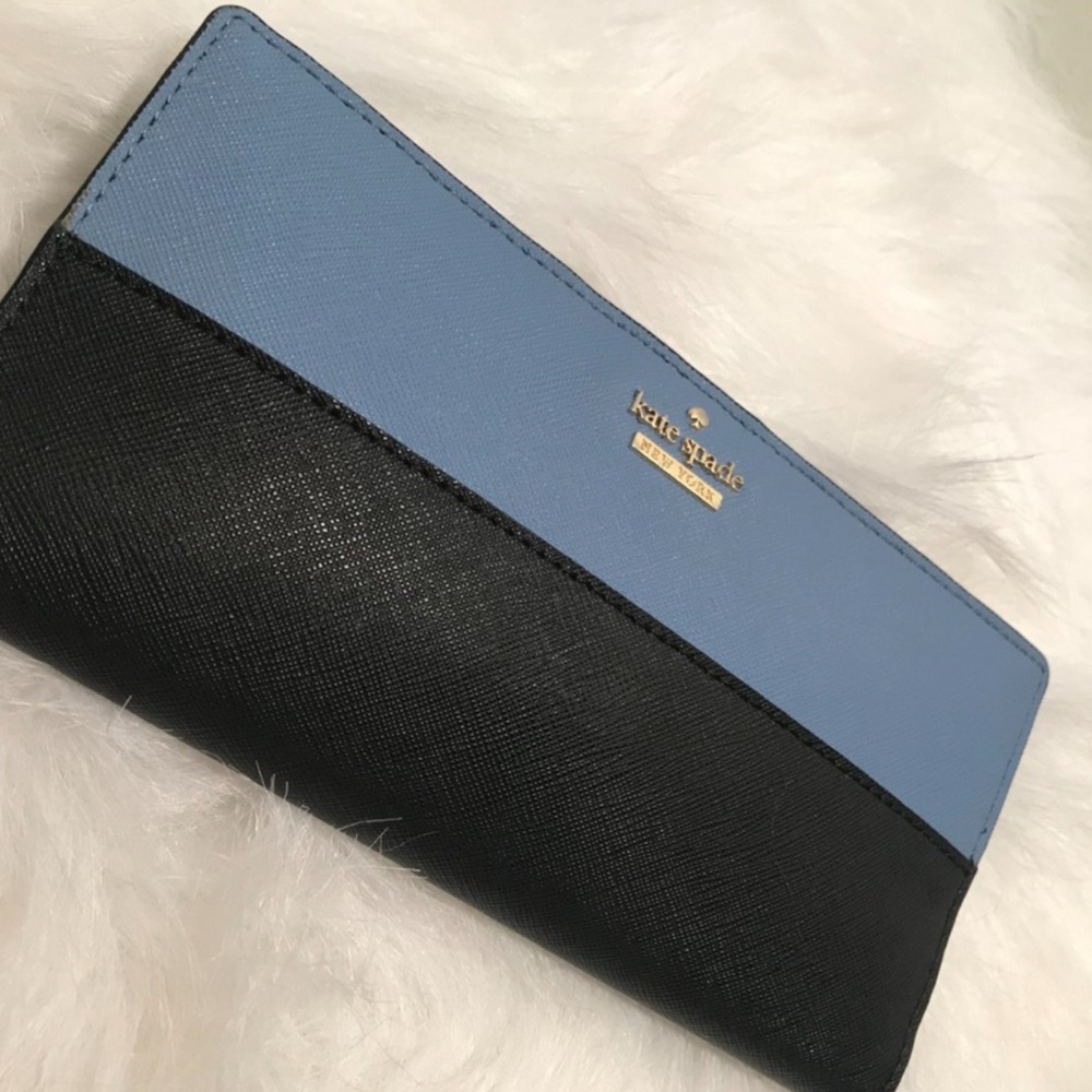 Kate Spade New York Blue And Black Color Block Leather Wallet 7” Gold Logo Zip